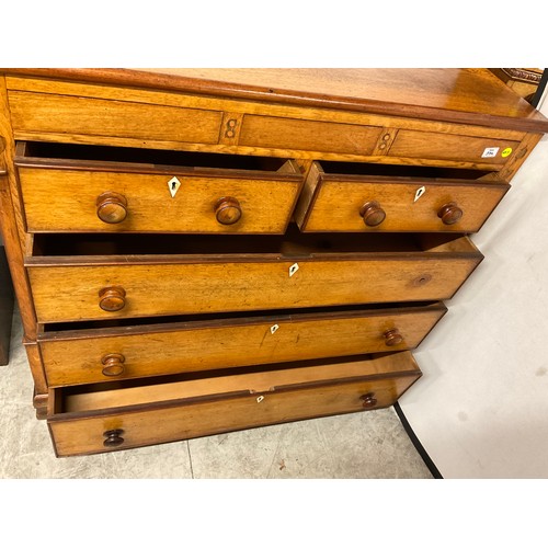 356 - VICTORIAN GOLDEN OAK TWO OVER THREE BRACKET FOOT CHEST WITH THREE SECRET DRAWERS TO TOP W47