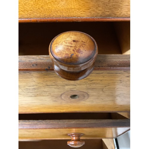 356 - VICTORIAN GOLDEN OAK TWO OVER THREE BRACKET FOOT CHEST WITH THREE SECRET DRAWERS TO TOP W47