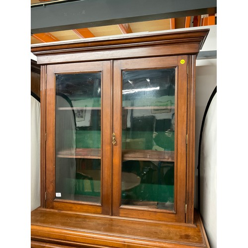 359 - EDWARDIAN RED WALNUT BOOK CASE WITH 2 GLASS DOORS TO TOP CARVED PANELED DOORS BELOW W48