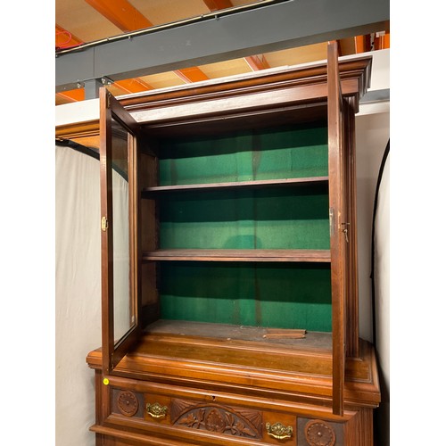 359 - EDWARDIAN RED WALNUT BOOK CASE WITH 2 GLASS DOORS TO TOP CARVED PANELED DOORS BELOW W48