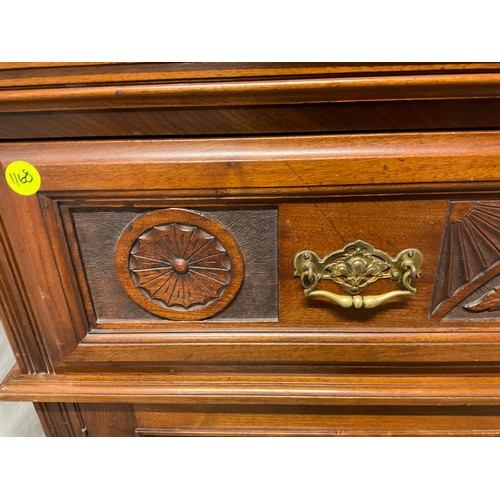 359 - EDWARDIAN RED WALNUT BOOK CASE WITH 2 GLASS DOORS TO TOP CARVED PANELED DOORS BELOW W48