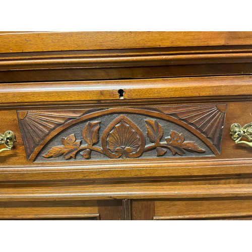 359 - EDWARDIAN RED WALNUT BOOK CASE WITH 2 GLASS DOORS TO TOP CARVED PANELED DOORS BELOW W48