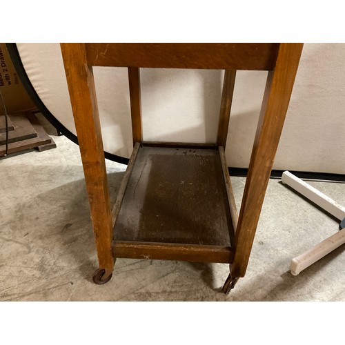 362 - FREE STANDING FLOOR FAN , OAK TEA TROLLEY AND A WOODEN BEDSIDE CABINET