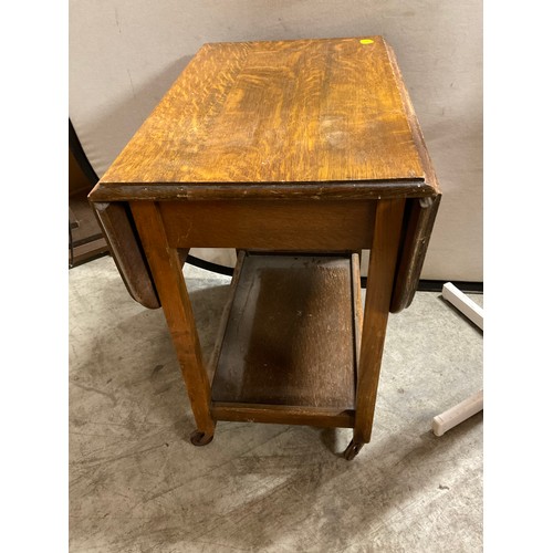 362 - FREE STANDING FLOOR FAN , OAK TEA TROLLEY AND A WOODEN BEDSIDE CABINET