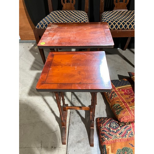 264 - TWO MAHOGANY DINING CHAIRS, TWO MAHOGANY SIDE TABLES, THREE DRAW BLACK CHEST, TWO COMPUTER TABLES AN... 