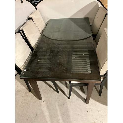 267 - LARGE GLASS TOP DINING TABLE AND 6 MATCHING CHAIRS L 83