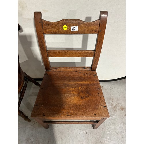 274 - VICTORIAN OAK KITCHEN CHAIR AND EDWARDIAN SPINDLE BACK KITCHEN CHAIR