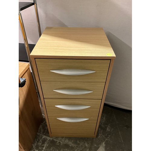 296 - SMALL FOUR DRAW CHEST, SMALL THREE DRAW CHEST, BEDSIDE CABINET AND CHROME SHELVES