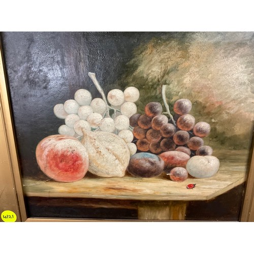 218 - STILL LIFE OIL PAINTING OF FRUIT ON TABLE AND SMALL BUTTERFLY IN GOLD WOODDN FRAME A/F 19” X 17”