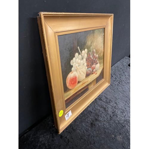 218 - STILL LIFE OIL PAINTING OF FRUIT ON TABLE AND SMALL BUTTERFLY IN GOLD WOODDN FRAME A/F 19” X 17”