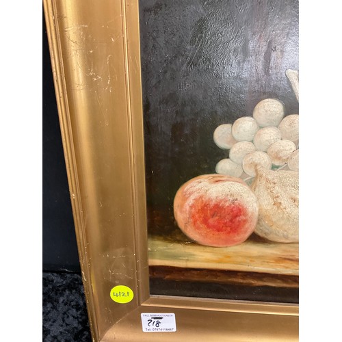 218 - STILL LIFE OIL PAINTING OF FRUIT ON TABLE AND SMALL BUTTERFLY IN GOLD WOODDN FRAME A/F 19” X 17”