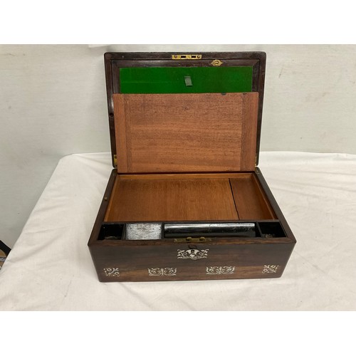 220 - ANTIQUE INLAID ROSEWOOD WRITING SLOPE WITH MOTHER OF PEARL INLAY, BRASS FITTINGS AND SECRET DRAW TO ... 