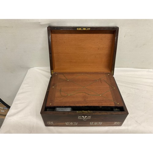 220 - ANTIQUE INLAID ROSEWOOD WRITING SLOPE WITH MOTHER OF PEARL INLAY, BRASS FITTINGS AND SECRET DRAW TO ... 