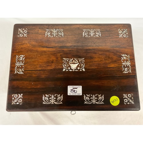 220 - ANTIQUE INLAID ROSEWOOD WRITING SLOPE WITH MOTHER OF PEARL INLAY, BRASS FITTINGS AND SECRET DRAW TO ... 