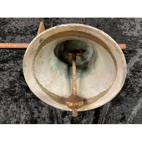 219 - ANTIQUE BRONZE SCHOOL BELL WITH CAST IRON  WALL MOUNTING