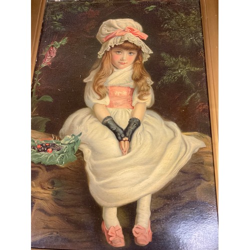 225A - VINTAGE PICTURE OF YOUNG CHILD SITTING IN WHITE DRESS HOUSED IN A GOLD WOODEN FRAME 33” X 24”