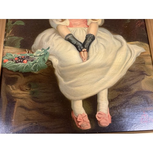 225A - VINTAGE PICTURE OF YOUNG CHILD SITTING IN WHITE DRESS HOUSED IN A GOLD WOODEN FRAME 33” X 24”