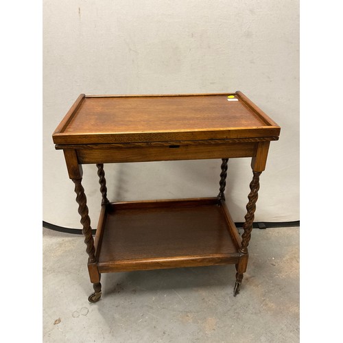 456 - VINTAGE OAK BARLEY TWIST TEA TROLLEY AND CARD TABLE  W25