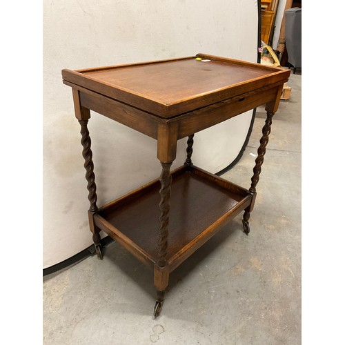 456 - VINTAGE OAK BARLEY TWIST TEA TROLLEY AND CARD TABLE  W25