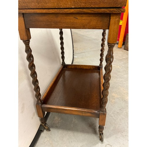 456 - VINTAGE OAK BARLEY TWIST TEA TROLLEY AND CARD TABLE  W25