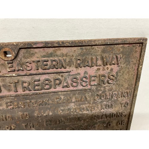 237A - ANTIQUE CAST IRON LONDON NORTH EASTERN RAILWAY WARNING SIGN TO TRESPASSERS IN ORIGINAL CONDITION 26”... 