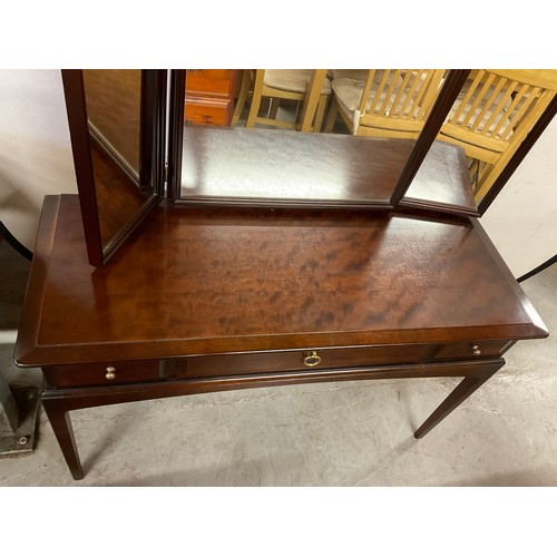 438 - MODERN MAHOGANY STAG TRIPLE MIRROR  DRESSING TABLE ON SQUARE TAPERING LEGS W47