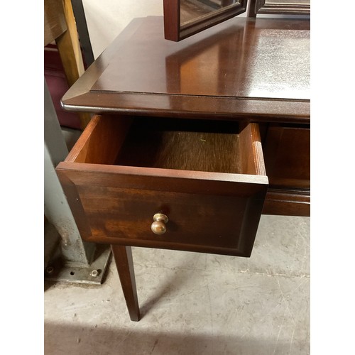 438 - MODERN MAHOGANY STAG TRIPLE MIRROR  DRESSING TABLE ON SQUARE TAPERING LEGS W47