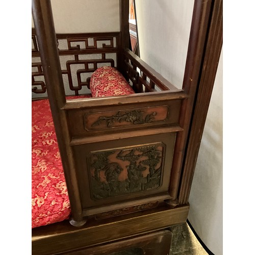 307 - REPRODUCTION ORIENTAL MAHOGANY FRAMED OPIUM BED WITH CARVED PANELS D 42