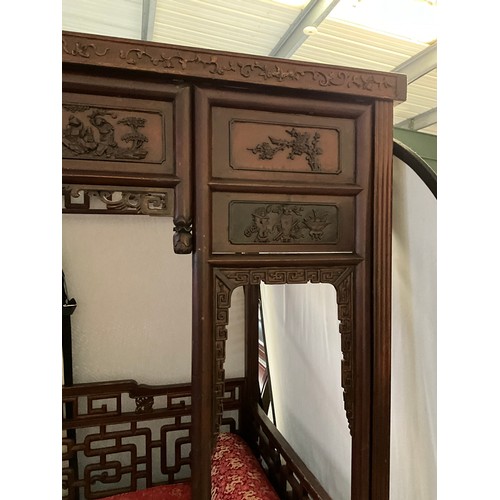 307 - REPRODUCTION ORIENTAL MAHOGANY FRAMED OPIUM BED WITH CARVED PANELS D 42