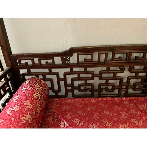 307 - REPRODUCTION ORIENTAL MAHOGANY FRAMED OPIUM BED WITH CARVED PANELS D 42