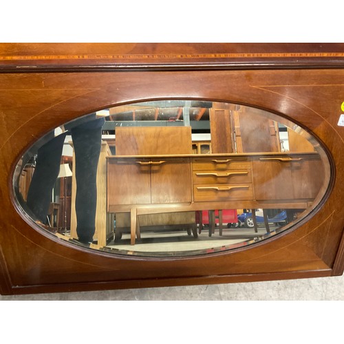 415 - EDWARDIAN MAHOGANY INLAID OVER MANTLE WITH BEVELLED EDGE MIRROR W39