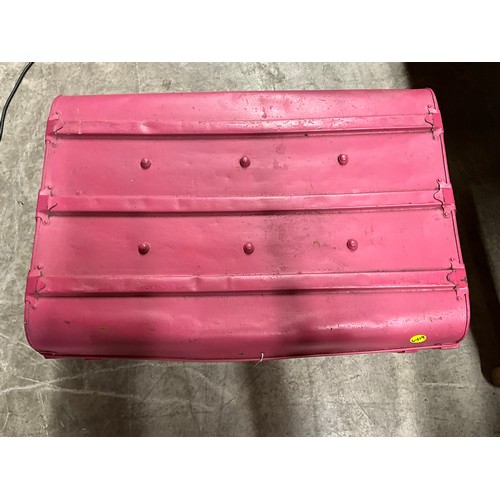 449A - VINTAGE METAL PINK TRAVEL TRUNK NO LOCK W28” D19” H11”