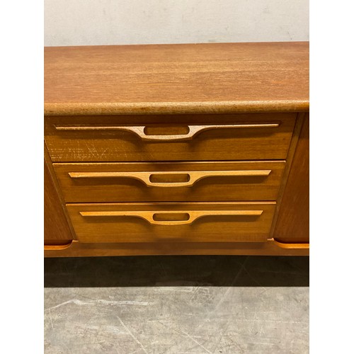 414 - VINTAGE 1970S TEAK LONG JOHN SIDEBOARD WITH THREE DRAWERS AND FOUR CUPBOARD DOORS W82