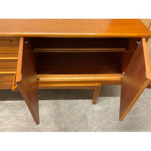 414 - VINTAGE 1970S TEAK LONG JOHN SIDEBOARD WITH THREE DRAWERS AND FOUR CUPBOARD DOORS W82