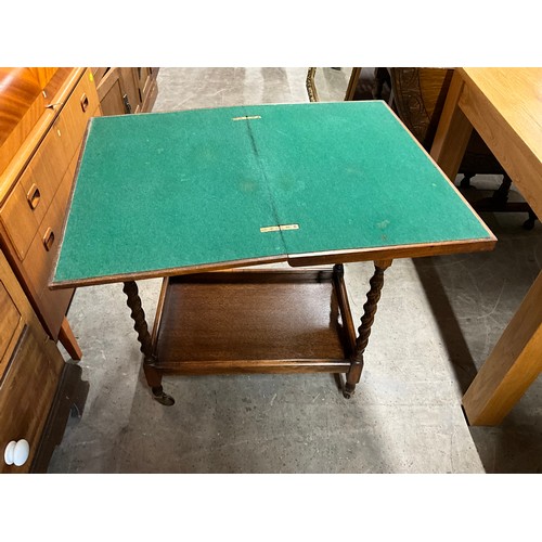 456 - VINTAGE OAK BARLEY TWIST TEA TROLLEY AND CARD TABLE  W25