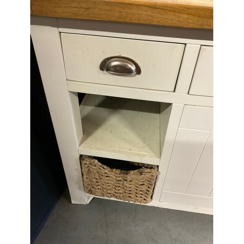 421 - MODERN OAK AND WHITE PAINTED KITCHEN ISLAND WITH MARBLE INSET TOP  (MARBLE CRACKED)  W55