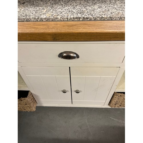 421 - MODERN OAK AND WHITE PAINTED KITCHEN ISLAND WITH MARBLE INSET TOP  (MARBLE CRACKED)  W55