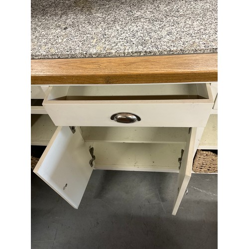 421 - MODERN OAK AND WHITE PAINTED KITCHEN ISLAND WITH MARBLE INSET TOP  (MARBLE CRACKED)  W55