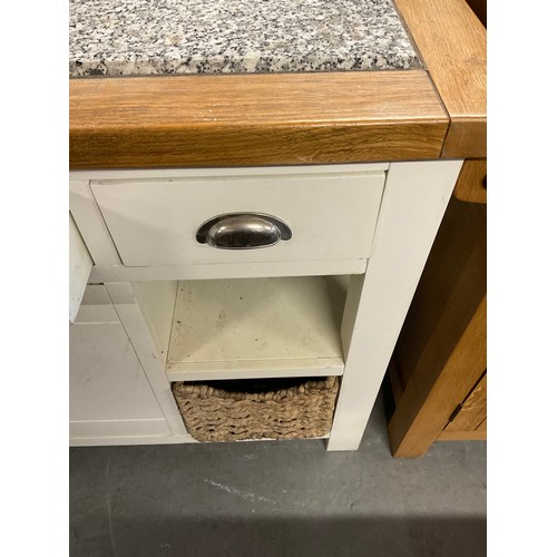 421 - MODERN OAK AND WHITE PAINTED KITCHEN ISLAND WITH MARBLE INSET TOP  (MARBLE CRACKED)  W55