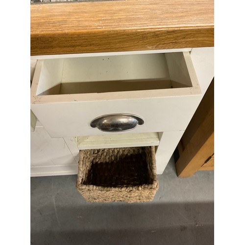 421 - MODERN OAK AND WHITE PAINTED KITCHEN ISLAND WITH MARBLE INSET TOP  (MARBLE CRACKED)  W55