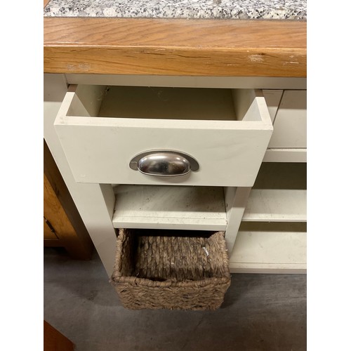 421 - MODERN OAK AND WHITE PAINTED KITCHEN ISLAND WITH MARBLE INSET TOP  (MARBLE CRACKED)  W55