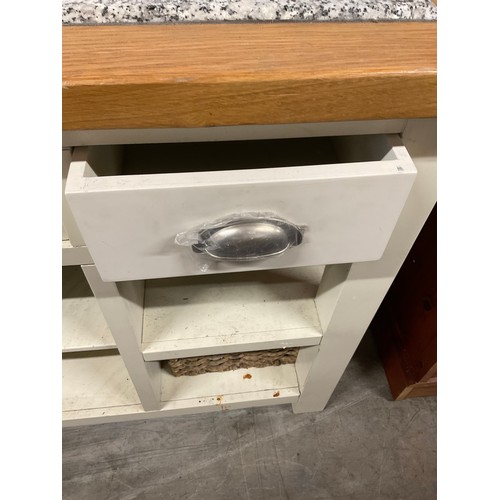 421 - MODERN OAK AND WHITE PAINTED KITCHEN ISLAND WITH MARBLE INSET TOP  (MARBLE CRACKED)  W55