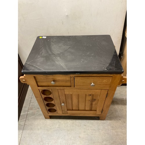 423 - MODERN OAK KITCHEN ISLAND WITH BLACK MARBLE TOP  (MARBLE CRACKED) W32