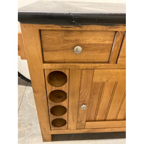 423 - MODERN OAK KITCHEN ISLAND WITH BLACK MARBLE TOP  (MARBLE CRACKED) W32