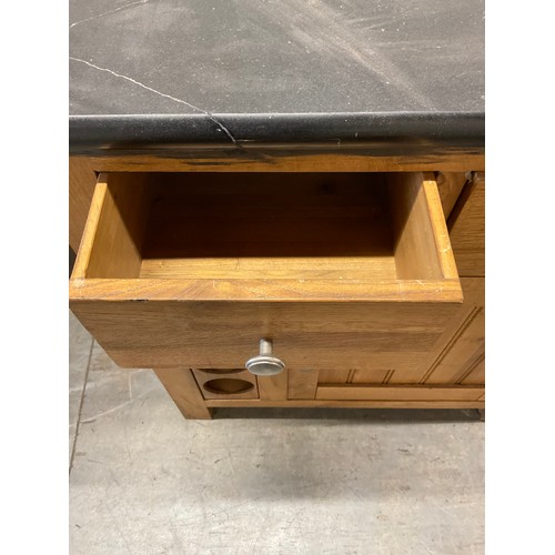 423 - MODERN OAK KITCHEN ISLAND WITH BLACK MARBLE TOP  (MARBLE CRACKED) W32