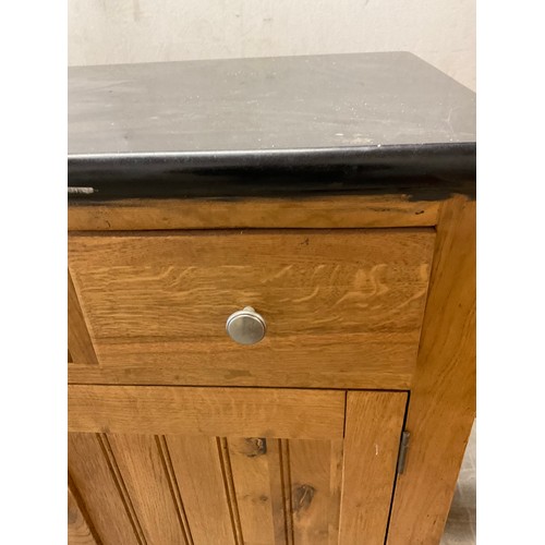 423 - MODERN OAK KITCHEN ISLAND WITH BLACK MARBLE TOP  (MARBLE CRACKED) W32