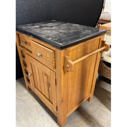 423 - MODERN OAK KITCHEN ISLAND WITH BLACK MARBLE TOP  (MARBLE CRACKED) W32