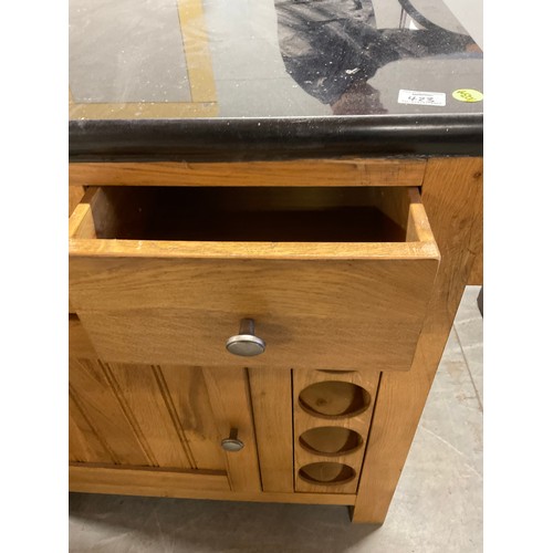 423 - MODERN OAK KITCHEN ISLAND WITH BLACK MARBLE TOP  (MARBLE CRACKED) W32