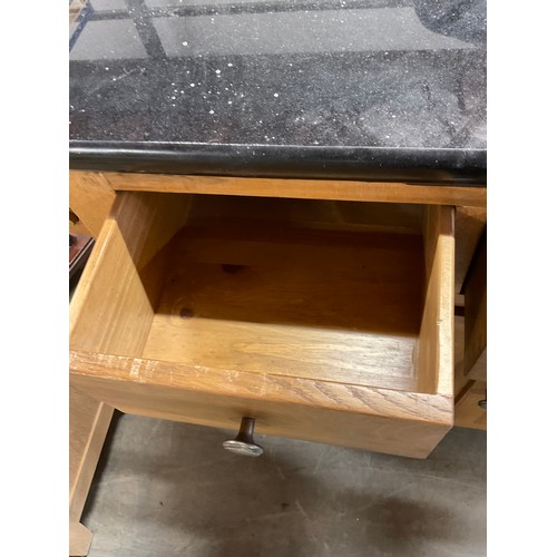 423 - MODERN OAK KITCHEN ISLAND WITH BLACK MARBLE TOP  (MARBLE CRACKED) W32