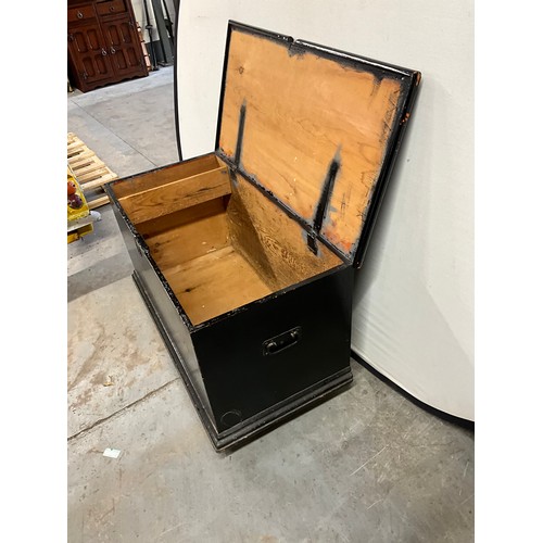 434A - ANTIQUE PAINTED PINE BLANKET CHEST WITH INTERNAL CANDLE SHELF ON CASTERS A/F W37” H23” D19”